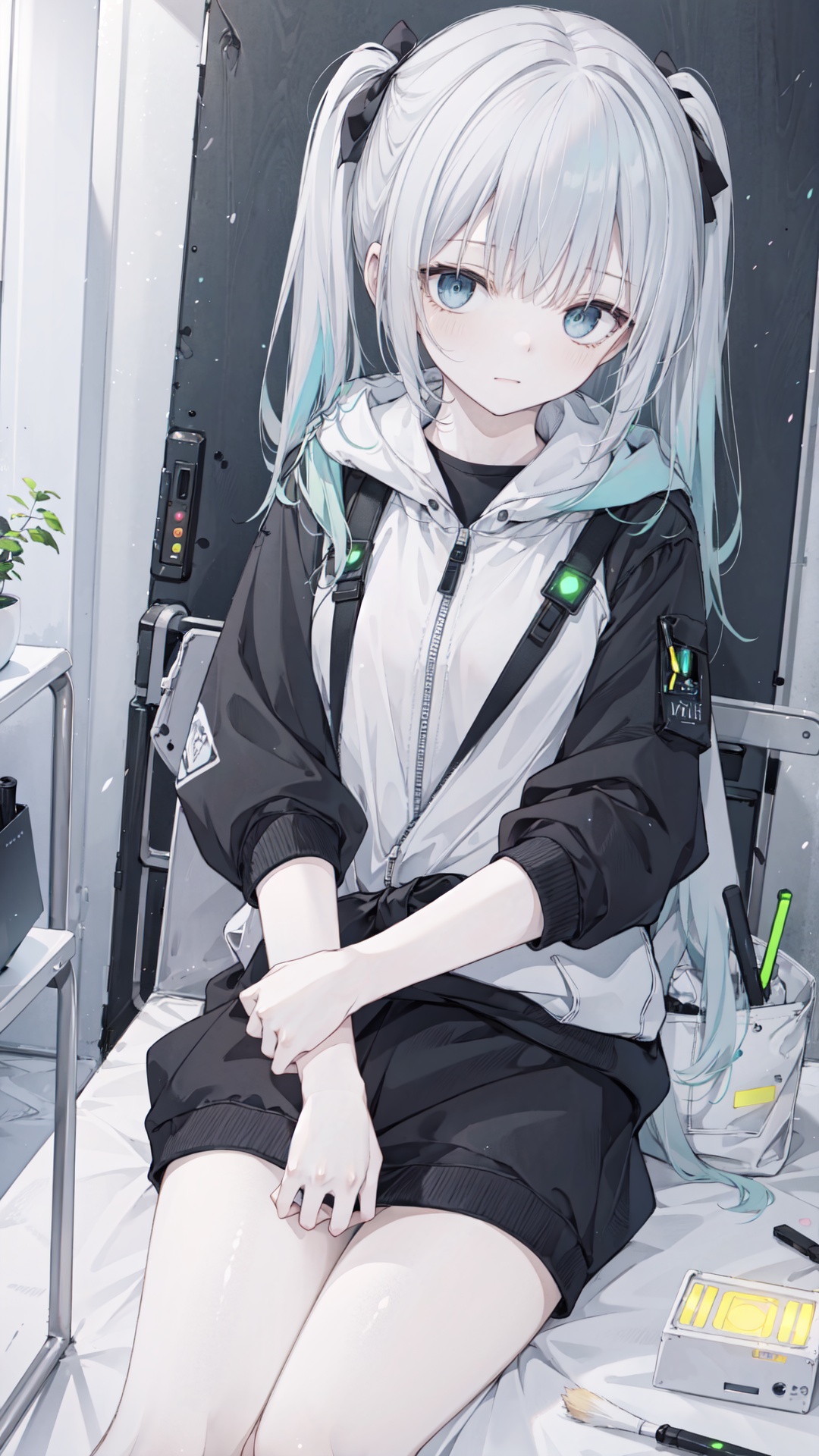 sci-fi girl, (disheveled hair), very long grey blue hair, twintails, mignon, above waist, detailed cute eyes,(masterpiece:1,2), best quality,masterpiece, highres, original, extremelydetailed wallpaper, perfectlighting,(extremely detailed CG:1.2)drawing, paintbrush,long cyber hooded jacket, red led, green led, yellow led,