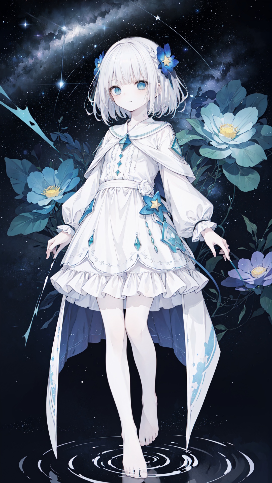 (green, silver, glimmer)),limited palette,contrast,phenomenal aesthetic,best quality,sumptuous artwork,(masterpiece),(best quality),(ultra-detailed),(((illustration))),((an extremely delicate and beautiful)),(detailed light),qua theme,cold theme,broken glass,broken wall,((an array of stars)),((starry sky)),the Milky Way,star,Reflecting the starry water surface,(1girl:1.3),awhite hair,blinking,white dress,closed mouth,constel lation,flat color,noline art,white hair,braid,blinking,white robe,barefoot,float,flat color,looking up,standing,medium hair,standing,solo,space,universe,Nebula,many stars,fanxing,
