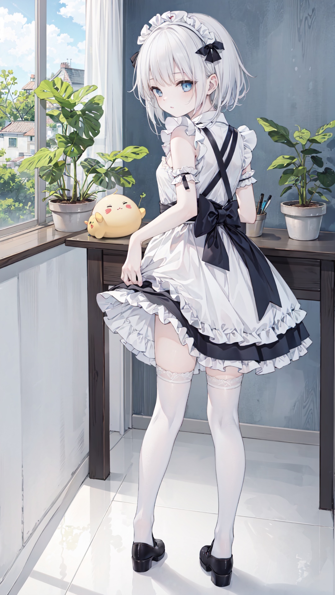 (((full body))),from above,finely detail, Depth of field,(((masterpiece))),((extremely detailed CG unity 8k wallpaper)),best quality, high resolution illustration,Amazing,intricate detail,(best illumination, best shadow, an extremely delicate and beautiful), plant, indoors,potted_plant,bend over the desk,The blue sky and white clouds outside the window, 1girl, manjuu_\(azur_lane\),looking back,long_hair, small breast, garter_straps, thighhighs, very_long_hair, maid, plant, back, black_legwear, apron, solo,