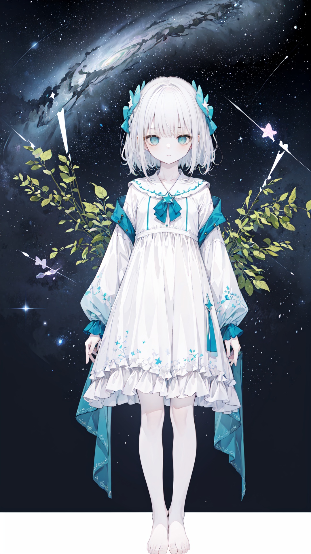 (green, silver, glimmer)),limited palette,contrast,phenomenal aesthetic,best quality,sumptuous artwork,(masterpiece),(best quality),(ultra-detailed),(((illustration))),((an extremely delicate and beautiful)),(detailed light),qua theme,cold theme,broken glass,broken wall,((an array of stars)),((starry sky)),the Milky Way,star,Reflecting the starry water surface,(1girl:1.3),awhite hair,blinking,white dress,closed mouth,constel lation,flat color,noline art,white hair,braid,blinking,white robe,barefoot,float,flat color,looking up,standing,medium hair,standing,solo,space,universe,Nebula,many stars,fanxing,