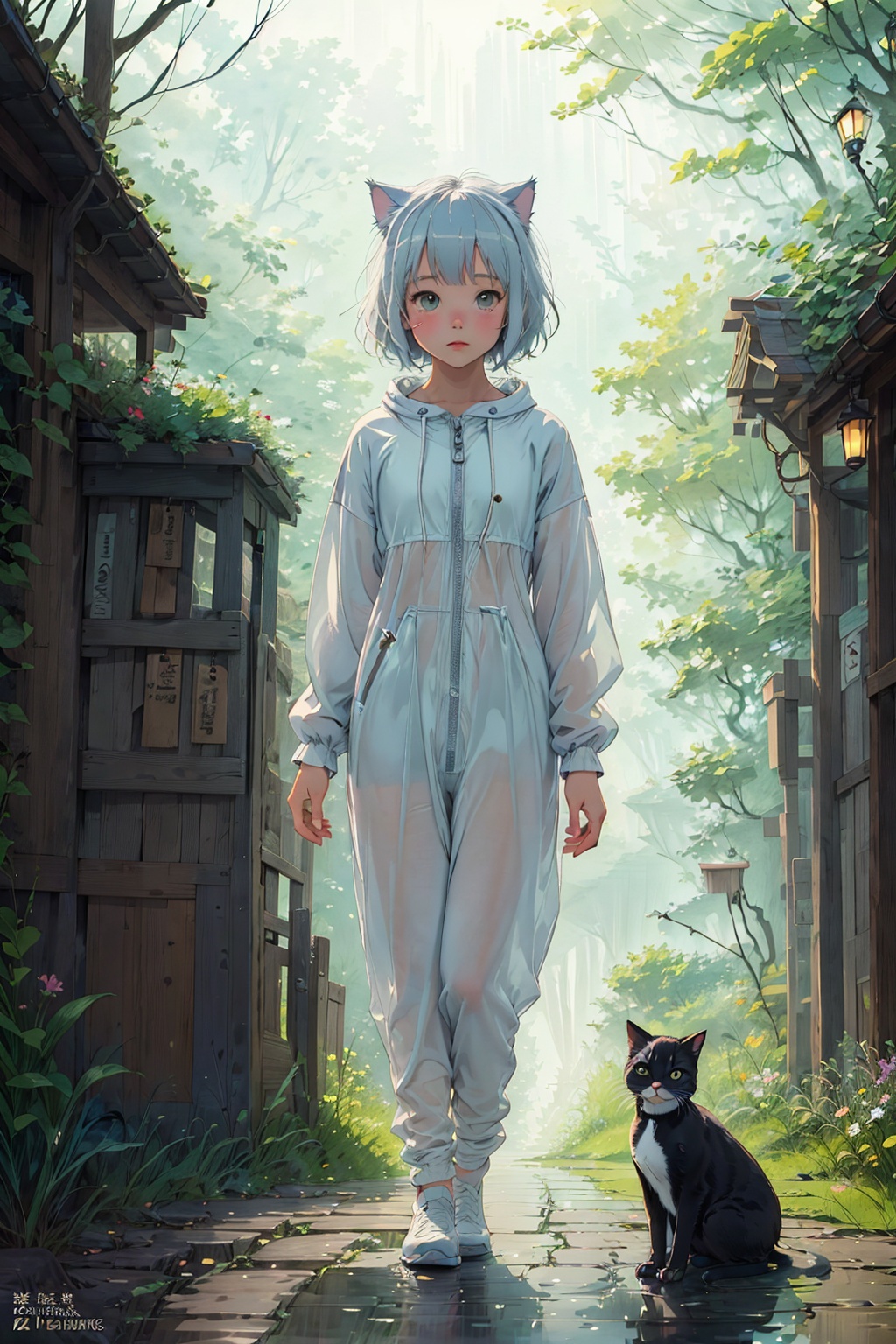  Pixar style,MG ip,cat,solo,hood,tail,black cat,no humans,shiny,1other,zipper,raincoat,standing,cat tail,cat hood,full body,cat ears,shiny clothes,animal hood,jacket,animal ears,simple background,see-through,whiskers,glowing,animal,furry,