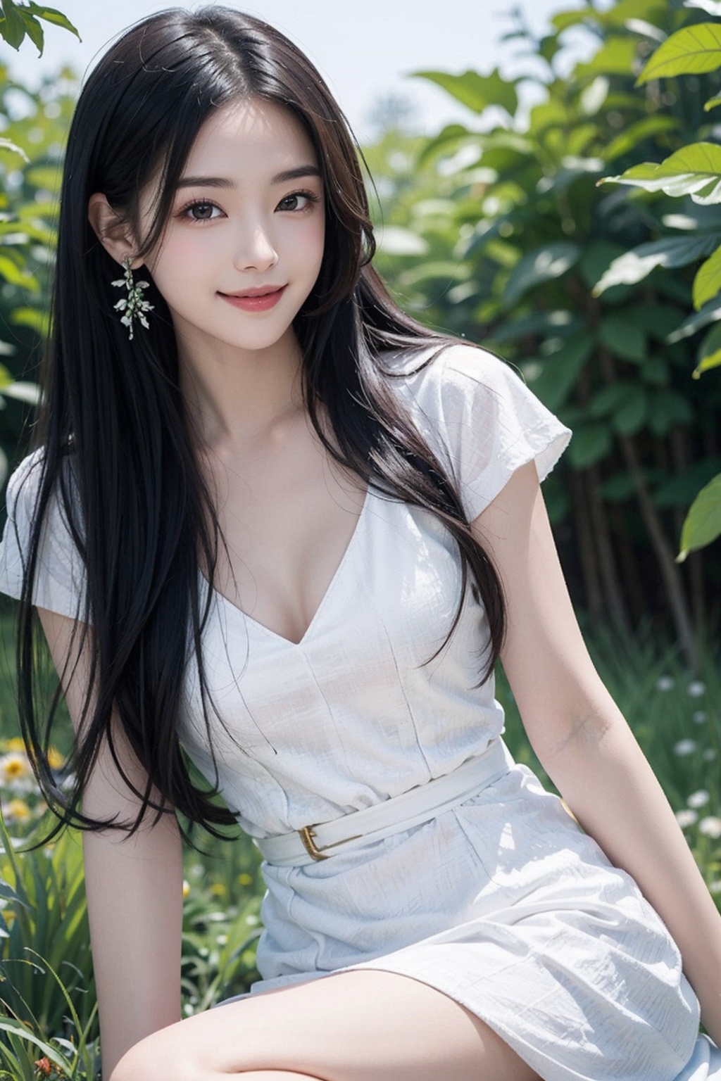 (masterpiece, best quality),8K,close up,1girl with long black hair sitting in a field of green plants and flowers,warm lighting,white dress,smile,