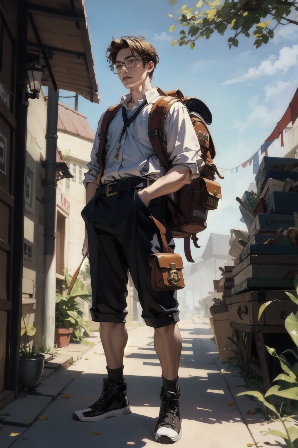  absurdres,incredibly absurdres,reality,realistic,,(solo:1.2),1boy,full_shot, Backpack Merchant