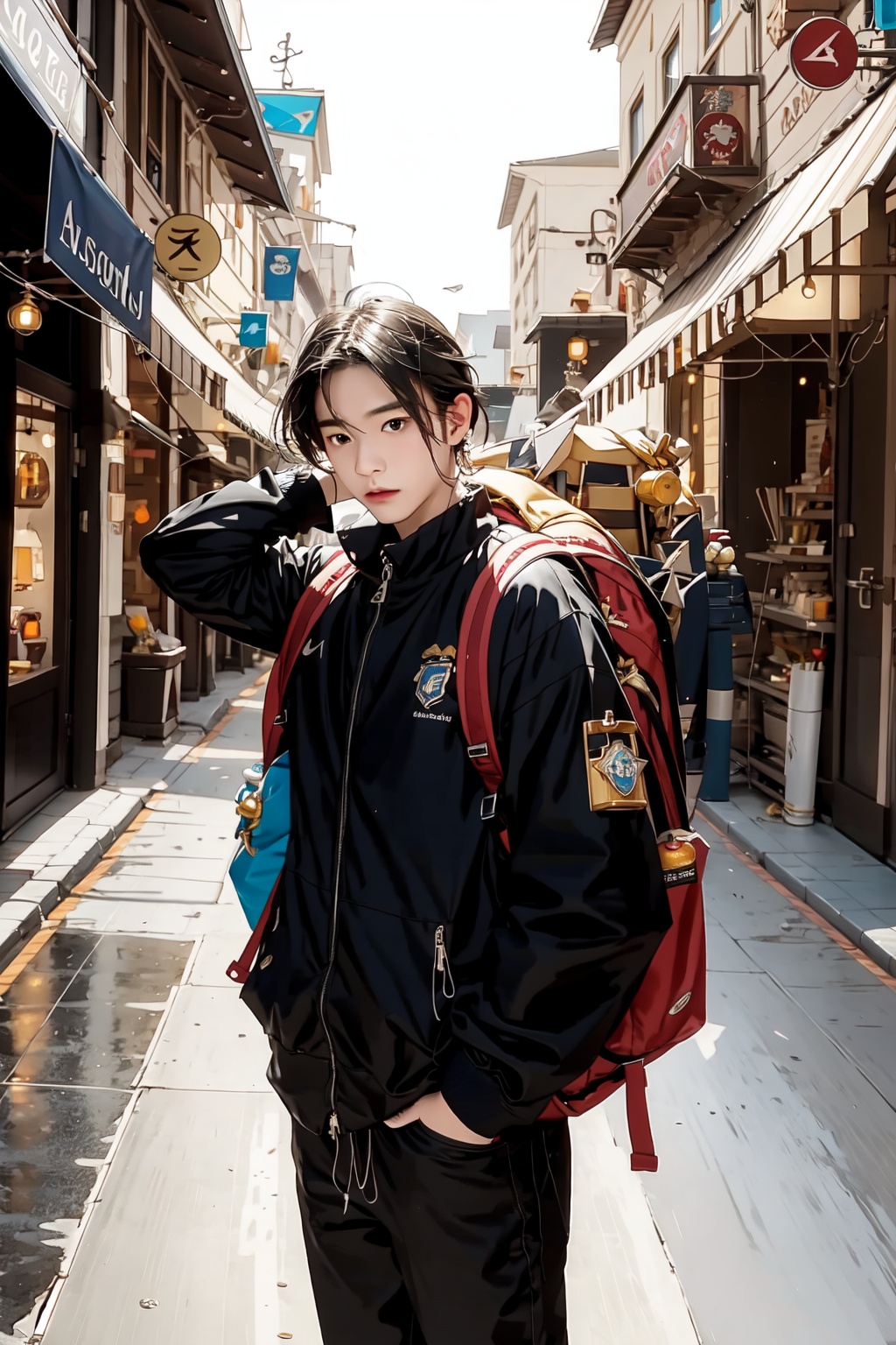  absurdres,incredibly absurdres,reality,realistic,,(solo:1.2),1boy,full_shot, Backpack Merchant