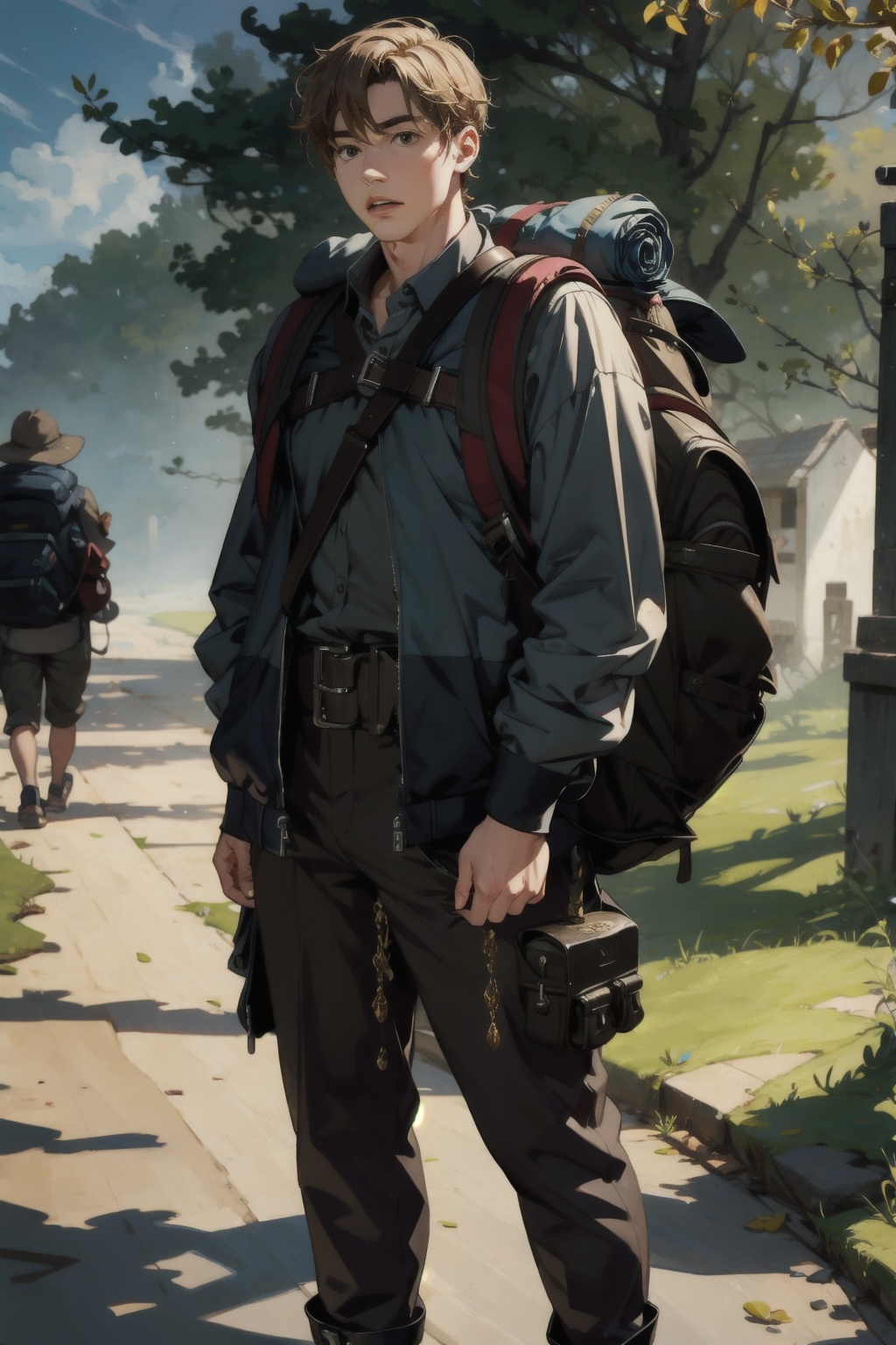  absurdres,incredibly absurdres,reality,realistic,,(solo:1.2),1boy,full_shot, Backpack Merchant