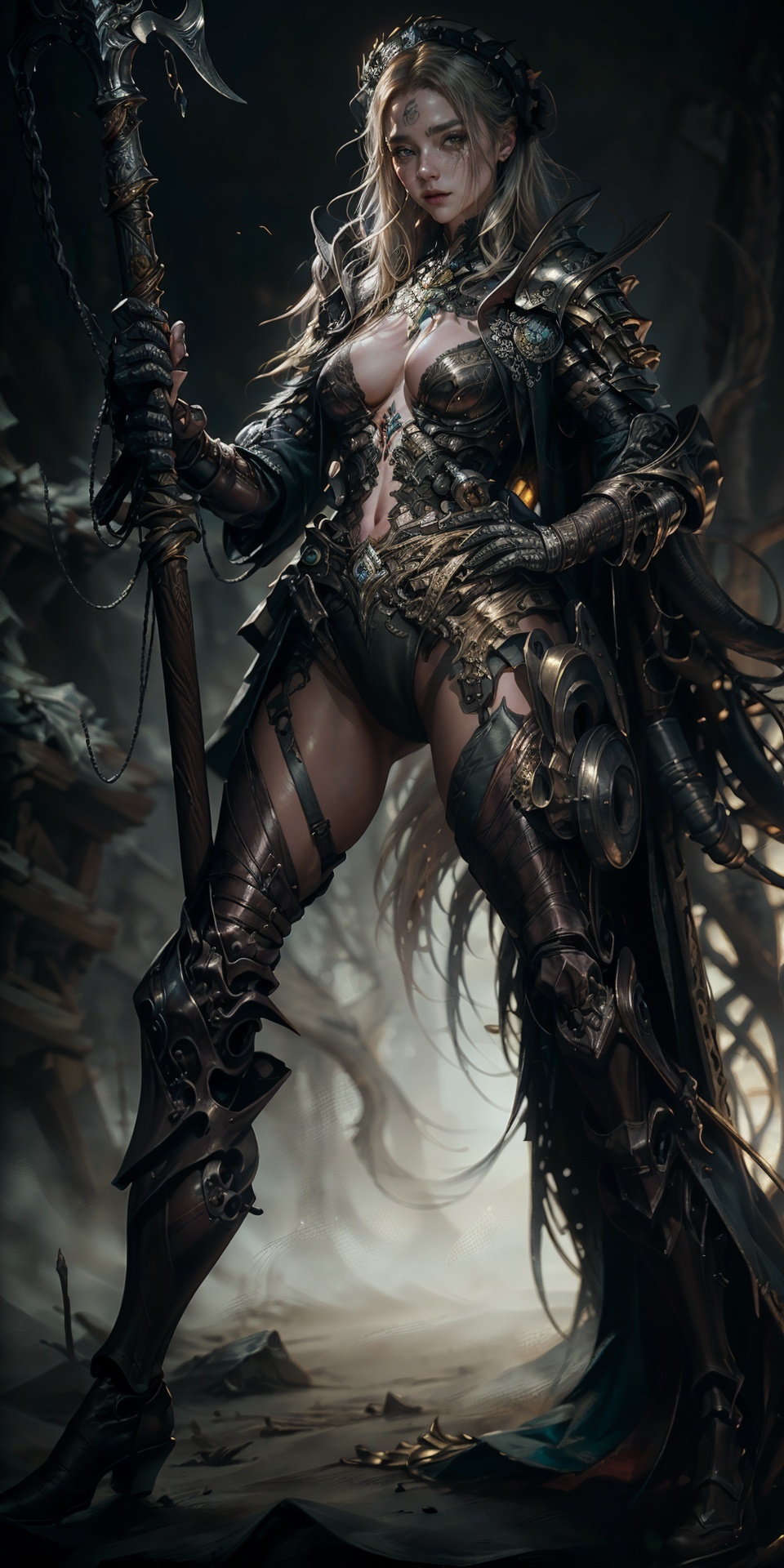ultra-sharp photography of 17 year old,  squat slavic ,  harajukupunk girl with gold-colored hair as the biomechanical gri...