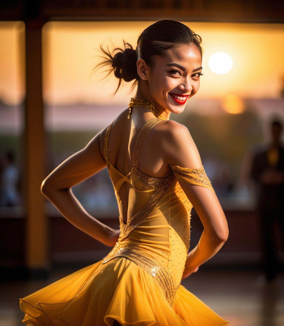 photograph,  ,  over the shoulder shot of a Funny Happy young_woman Ballroom Dancer on Tensor.Art