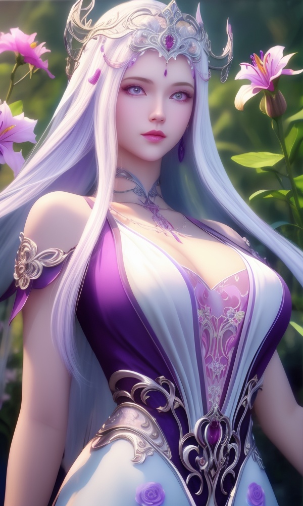 (,1girl, ,best quality, ),looking at viewer, <lora:372-DA-斗罗大陆-波塞西:0.8> ,ultra detailed 8k cg,ultra detailed background,ultra realistic 8k cg,1girl, solo,(bare shoulders:0.85),(masterpiece, best quality),((oil painting style)),sexy young lady,(beautiful face and eyes),(upper body:1.5),(whole body:1.05),(single person:1.2),surrounded by flowers, (lily), roses, floret, vegetation, white, purple, purplish pink,Impressionism,colorful,(Breast size:1.3),(()),