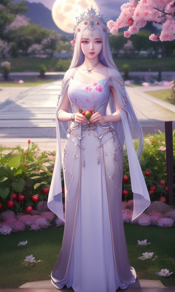 (,1girl, ,best quality, ),looking at viewer, <lora:372-DA-斗罗大陆-波塞西:0.8> ,ultra detailed background,ultra detailed background,ultra realistic 8k cg, , ,masterpiece, (( , )),, ultra realistic 8k cg, ,tamari \(flawless\),     ,lily \(flower\) ,full moon ,strawberry blossoms      (()), (),