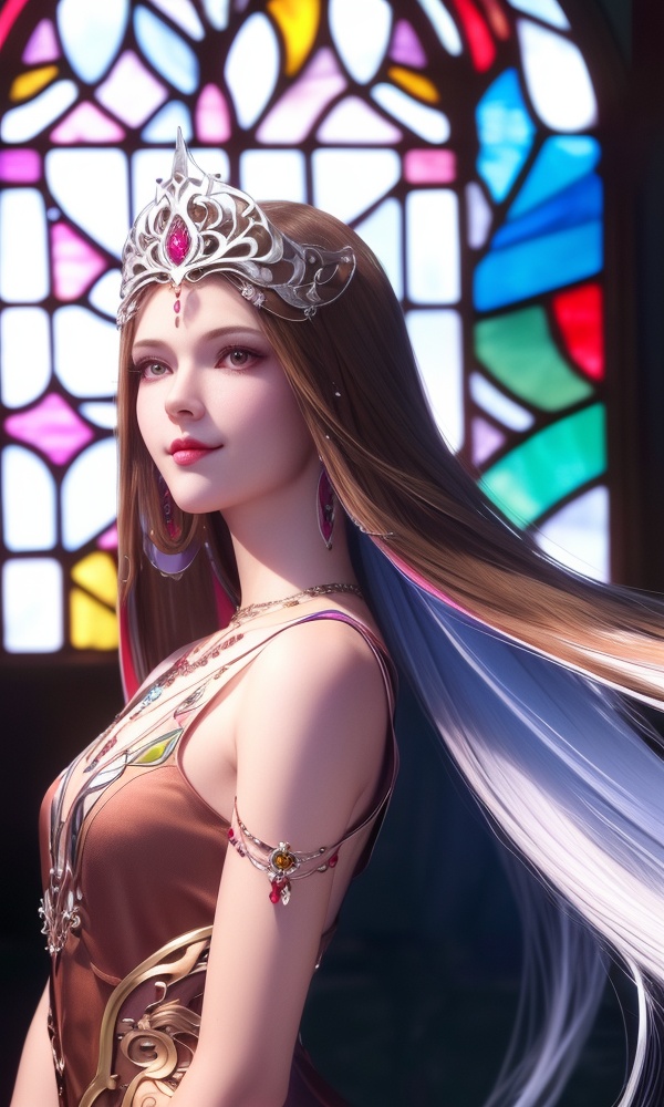 (,1girl, ,best quality, ),looking at viewer, <lora:372-DA-斗罗大陆-波塞西:0.8> ,,ultra detailed background,ultra detailed background,ultra realistic 8k cg,,, (close-up portrait),(upper body:1.22),(realistic:1.11),(Photo-referencing),HDR,Studio Lighting,Soft Lighting, ,, a slender petite little girl,Delicate muscle lines,(Skinny body),(solo:1.5),( looking at viewer:1.22),The white shiny skin, (smirk:1.2),(dynamic pose),(arms behind back),arms at sides, (very long payot),(Absurdly long Brown straight hair:1.22),parted bangs, (floating hair), (jewelry:1.17), necklace, earrings,(colorful:1.27),(stained glass background),(),(()),,