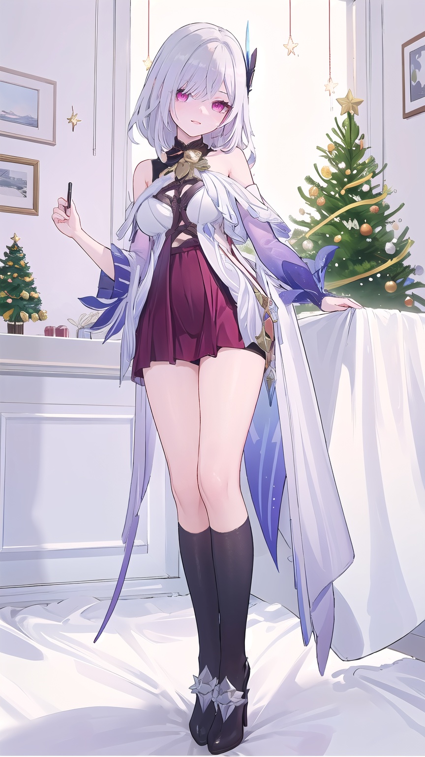  1 girl, solo, portrait, in Sexy off-the-shoulder Christmas skirt, look at viewer, blue eyes,Cool tone, Professional studio, Behind is the Christmas tree and Christmas presents, short hair, necklace, earings, elegant, , light master

skirk, 1girl, long silver hair, hair ornament, bangs, red eyes