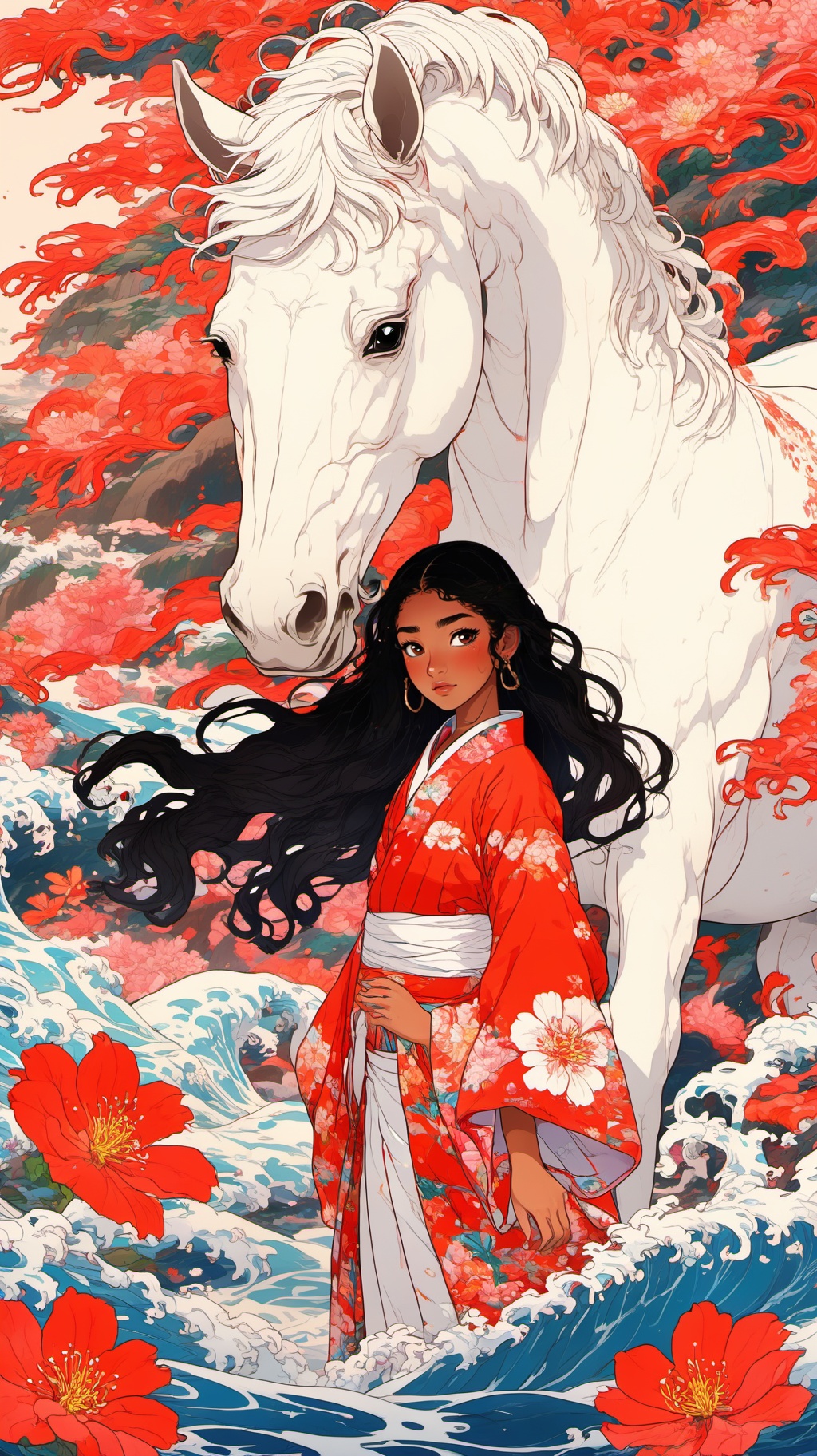 anime artwork BJ_Sacred_beast_Illustration,1girl,solo,long_hair,black_hair,long_sleeves,flower,japanese_clothes,dark_skin,kimono,water,black_eyes,dark-skinned_female,floating_hair,floral_print,red_flower,horse,waves,photo,8k,intricate,highly detailed,majestic,digital photography,broken glass,(masterpiece, sidelighting, finely detailed beautiful eyes:1.2),hdr,realistic,high definition,<lora:SSDXL_acred_beast_Illustration:0.7>, . anime style, key visual, vibrant, studio anime,  highly detailed