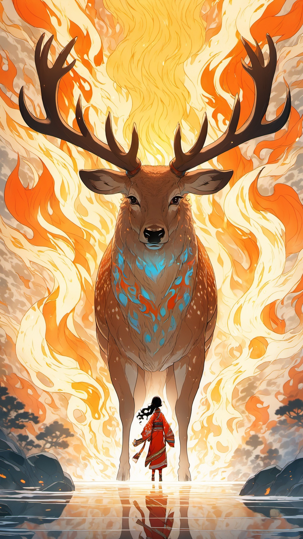 anime artwork BJ_Sacred_beast_Illustration,1girl,solo,long_hair,black_hair,standing,japanese_clothes,kimono,from_behind,sash,floating_hair,animal,obi,fire,smoke,facing_away,red_kimono,antlers,wide_shot,burning,deer,photo,8k,intricate,highly detailed,majestic,digital photography,broken glass,(masterpiece, sidelighting, finely detailed beautiful eyes:1.2),hdr,realistic,high definition,<lora:SSDXL_acred_beast_Illustration:0.7>, . anime style, key visual, vibrant, studio anime,  highly detailed