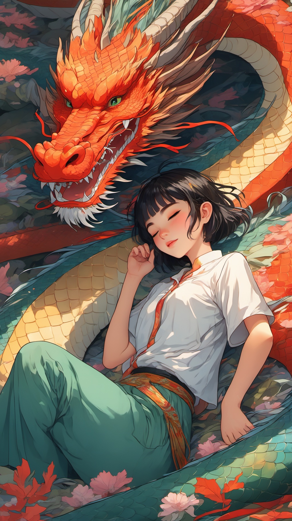 anime artwork BJ_Sacred_beast_Illustration,Dragon,1girl,solo,blush,short_hair,bangs,shirt,black_hair,closed_eyes,white_shirt,short_sleeves,lying,medium_hair,on_side,sleeping,dragon,scales,eastern_dragon,photo,8k,intricate,highly detailed,majestic,digital photography,broken glass,(masterpiece, sidelighting, finely detailed beautiful eyes:1.2),hdr,realistic,high definition,<lora:SSDXL_acred_beast_Illustration:0.5>, . anime style, key visual, vibrant, studio anime,  highly detailed