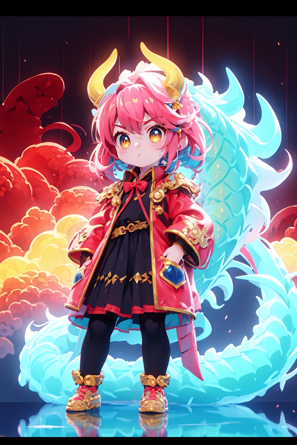  masterpiece,best quality,blue crystal shining Dragon,in the style of kawacy,shiny eyes,(loli：1.2),(petite:1.2),Pink hair,Yellow eyes, (red Jacket),high ponytail,white collared shirt,hair flower,fipped hair,floating hair,Frown,hands in pockets,black dress,red bowtie,(solo),dragonhead