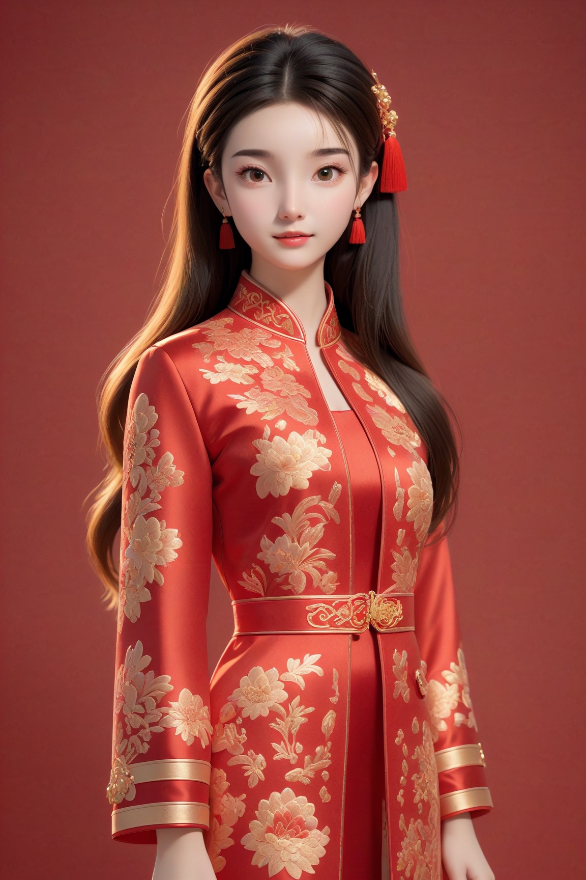  professional 3d model Girl,realistic 3d cartoon style rendering,18 years old,(whole body :1.5),wearing New Year red Chinese Tang suit,fashionable clothing,New Year background,interactive film style,edge lighting,soft gradient,charming illustration,3d rendering,OC rendering,best quality,8K,Super detail, . octane render, highly detailed, volumetric, dramatic lighting