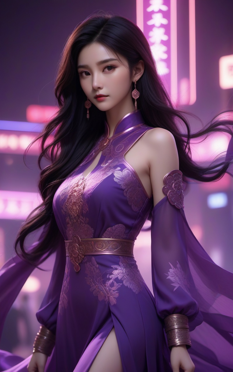  neonpunk style chinese girl,chinese clothes, song Dynasty ,cinematic photo 1girl, a girl in a long dress. F/8 photograph, film, bokeh, professional, 4k, highly detailed,art by wlop . cyberpunk, vaporwave, neon, vibes, vibrant, stunningly beautiful, crisp, detailed, sleek, ultramodern, magenta highlights, dark purple shadows, high contrast, cinematic, ultra detailed, intricate, professional