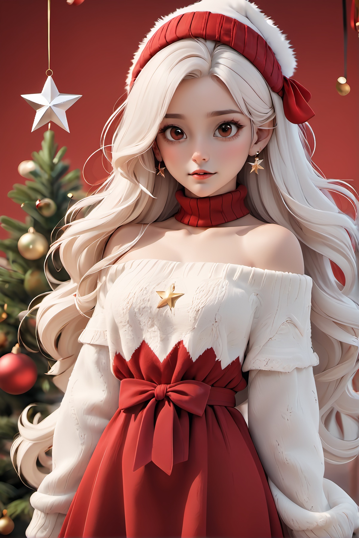  1girl,solo,breasts,christmas tree,jewelry,earrings,long hair,looking at viewer,white hair,brown eyes,sweater,cleavage,dress,white sweater,animal ears,bow,christmas,bangs,long sleeves,fur trim,red bow,lips,cowboy shot,sleeves past wrists,belt,swept bangs,white dress,large breasts,sweater dress,christmas ornaments,off shoulder,star (symbol),standing,bear ears,short dress,,normalfingers,圣诞节, monkren