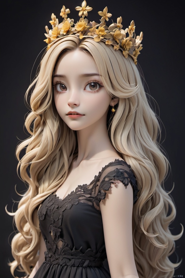  black background,long hair,solo,parted lips,crown,lips,flower,1girl,upper body,blonde hair,dress,looking at viewer,
