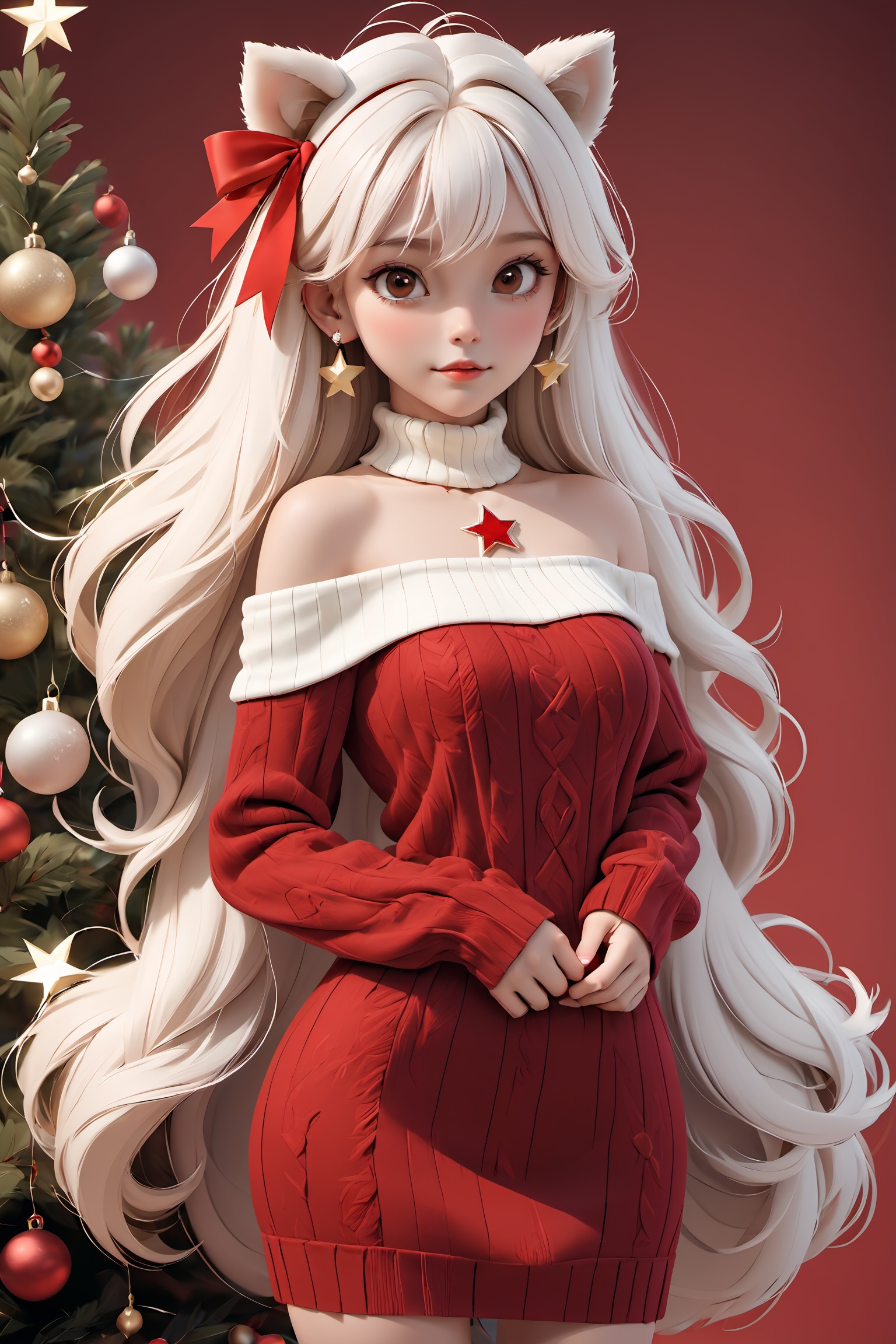  1girl,solo,breasts,christmas tree,jewelry,earrings,long hair,looking at viewer,white hair,brown eyes,sweater,cleavage,dress,white sweater,animal ears,bow,christmas,bangs,long sleeves,fur trim,red bow,lips,cowboy shot,sleeves past wrists,belt,swept bangs,white dress,large breasts,sweater dress,christmas ornaments,off shoulder,star (symbol),standing,bear ears,shortdress,,normalfingers,圣诞节, monkren