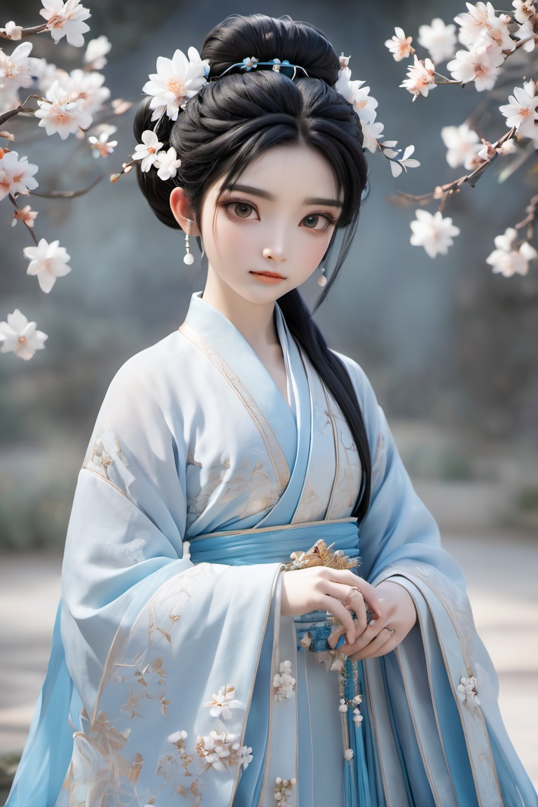  chibi,blind box,1girl,(hanfu),black hair,light blue long shan,single hair bun,necklaces,(hair details:1.1),face details,(full_shot:1.3),(looking_up),with white flowers in the background,high details,ultra realistic,32k,RAW photo,8k uhd,high quality,arms_at_sides,
