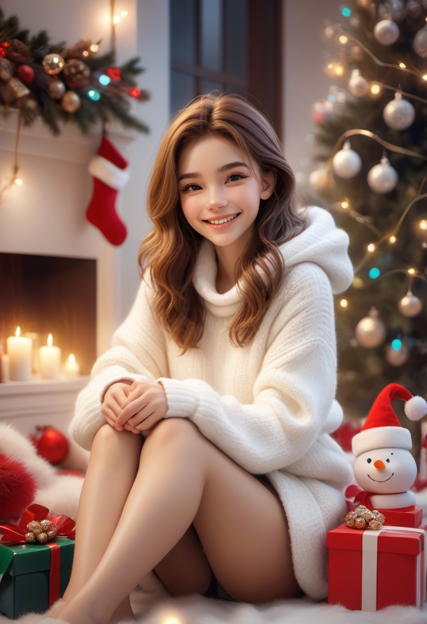 Christmas scene with a cute white 20 years old girl sitting among christmas decorations, smile, fluffy,  lights, holiday atmosphere, ultra-fine, digital painting
