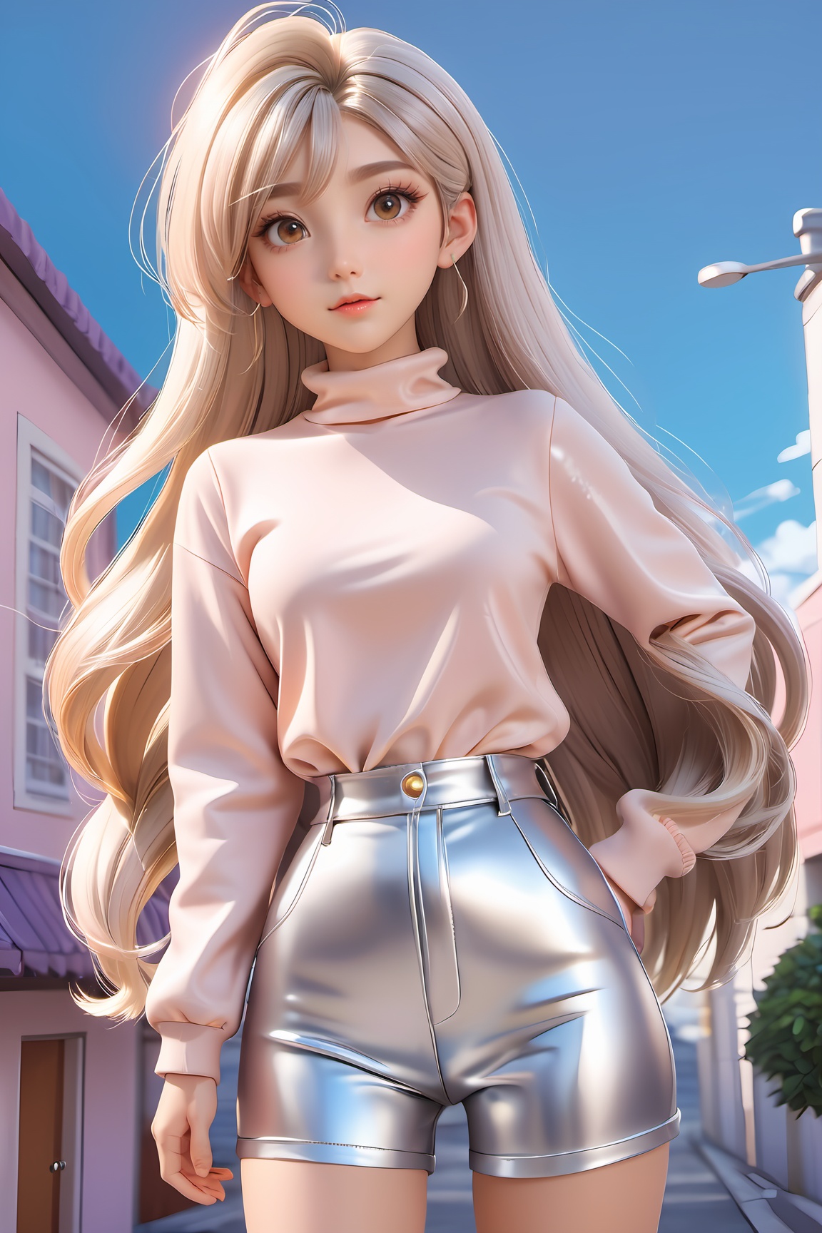  anime artwork pixar,3d style,toon,masterpiece,best quality,good shine,OC rendering,best quality,4K,super detail,1girl,((full body)),looking at viewer,standing,shiny_skin,fair_skin,Celine leather trousers with a high waist and tapered leg,light oyster white hair,gyaru,absolute_territory,tight,spandex,shoes,kneehighs,glamor,dormitory,light grey background,clean background,straight_hair,hime cut, . anime style, key visual, vibrant, studio anime, highly detailed, doll, 3d toon style