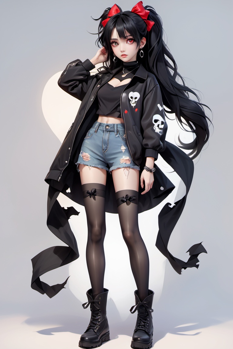  1girl,black eyes,black hair,black legwear,boots,bow,choker,earrings,full body,hair bow,heart,horns,jacket,jewelry,looking at viewer,medium hair,pants,pantyhose,shirt,shoes,skull,sneakers,spikes,standing,torn clothes,torn gloves,torn jacket,torn jeans,torn legwear,torn pants,torn shirt,torn shorts,torn skirt,torn sleeves,twintails,