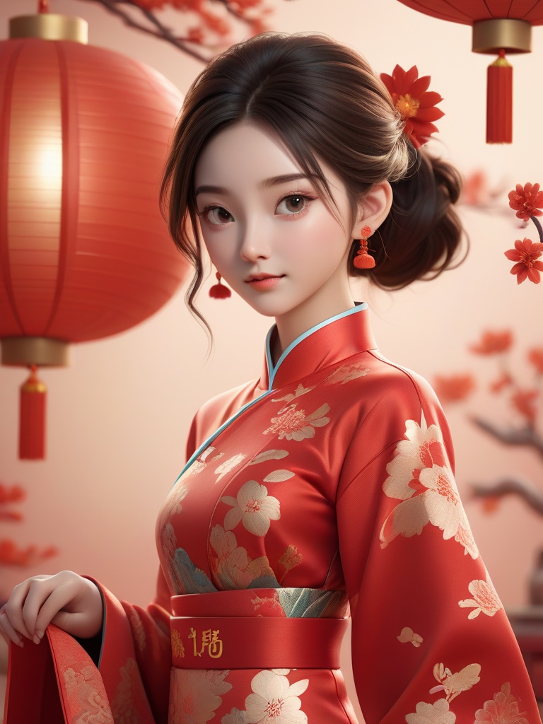 professional 3d model Girl,realistic 3d cartoon style rendering,18 years old,(whole body :1.5),wearing New Year red Chinese Tang suit,fashionable clothing,New Year background,interactive film style,edge lighting,soft gradient,charming illustration,3d rendering,OC rendering,best quality,8K,Super detail, . octane render, highly detailed, volumetric, dramatic lighting