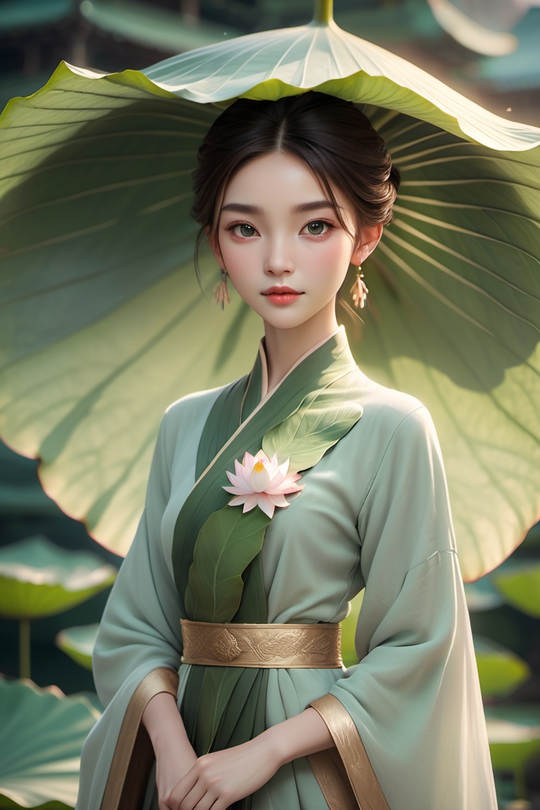  RAW photo, detailed face, ++, f22, beautiful symmetrical face, cute natural makeup, elegant, feminine, highly detailed, a 1girl, (full body:0.8)pose with parasols like a huge lotus leaf, ((huge lotus leaf))in the style of light emerald, oriental minimalism, subtle elegance, hd mod, in the style of elegant clothing, light green, realistic yet ethereal, simplistic designs, oriental, whimsical shapes, serene harmony beautiful symmetrical face, elegant, feminine, highly detailed, intricate,best quality, ultra-detailed, masterpiece, hires, 8k,(photorealistic),transparent,