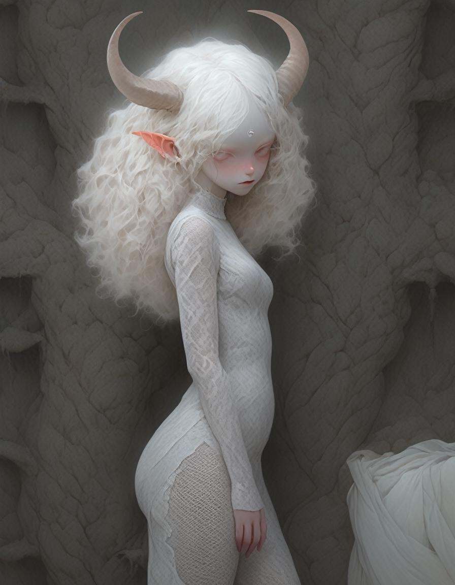 albino demon girl with lethargic sleepy smokey eyes, white curls , insect eyes, antenna , mesh fishnet blouse, (long intricate horns:1.2)  <lora:pale_demon:1>   best quality, highest quality, extremely detailed CG unity 8k wallpaper, detailed and intricate,