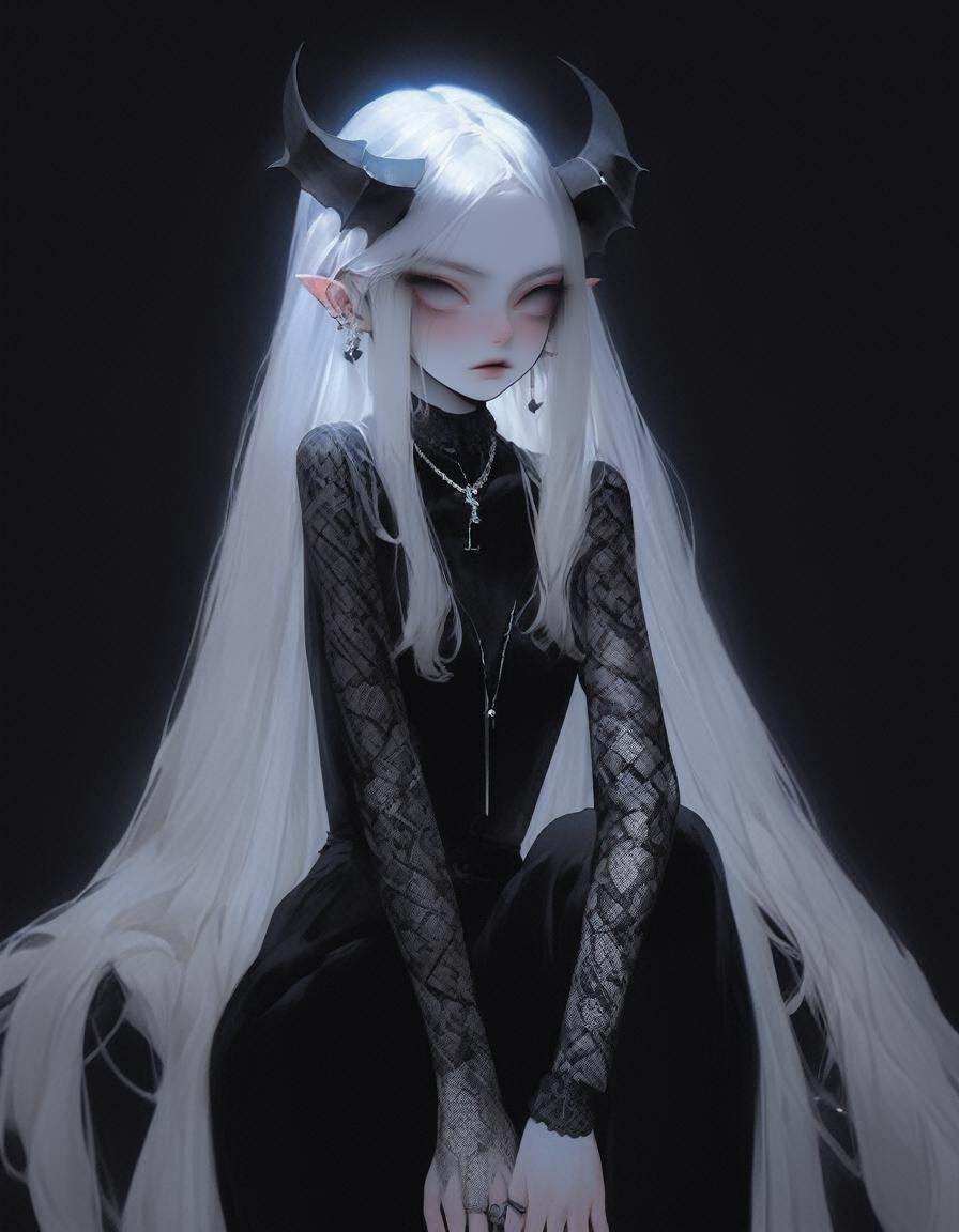 pale demon girl , prismatic coloring, holographic vibe, chromatic black lace blouse, gothic background, (long straight horns:1.2)  <lora:pale_demon:1>, sneakers with socks, 