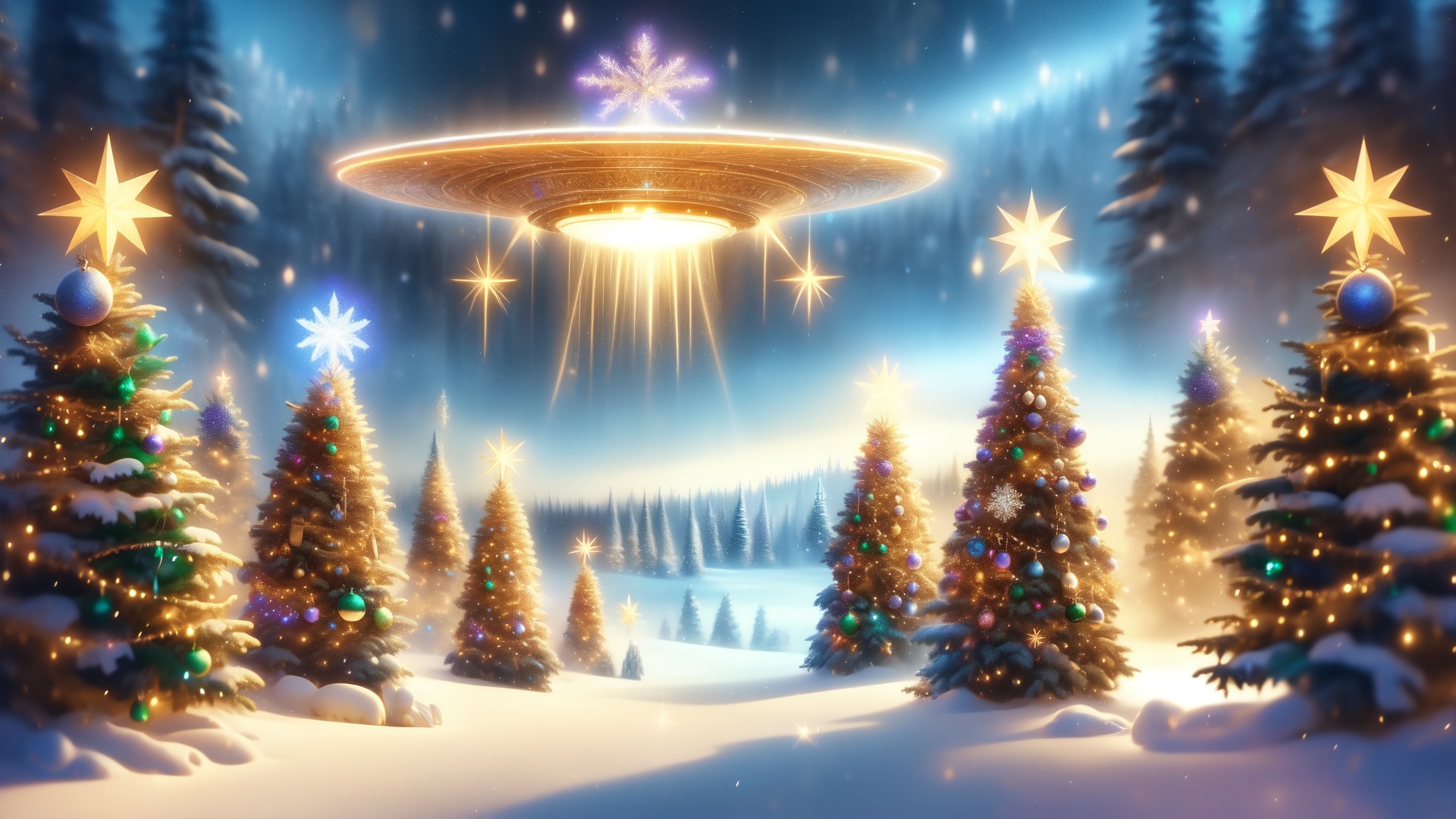 A surreal winter scene with snowflakes softly falling from the sky,  encircled by Christmas trees each topped with a golde...