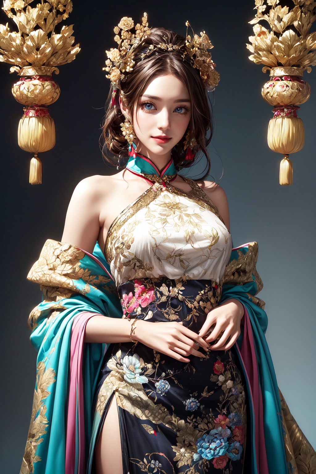 A whimsically chaotic ensemble of mismatched patterns and textures,  this post-modern fashion concept art bursts with vibr...