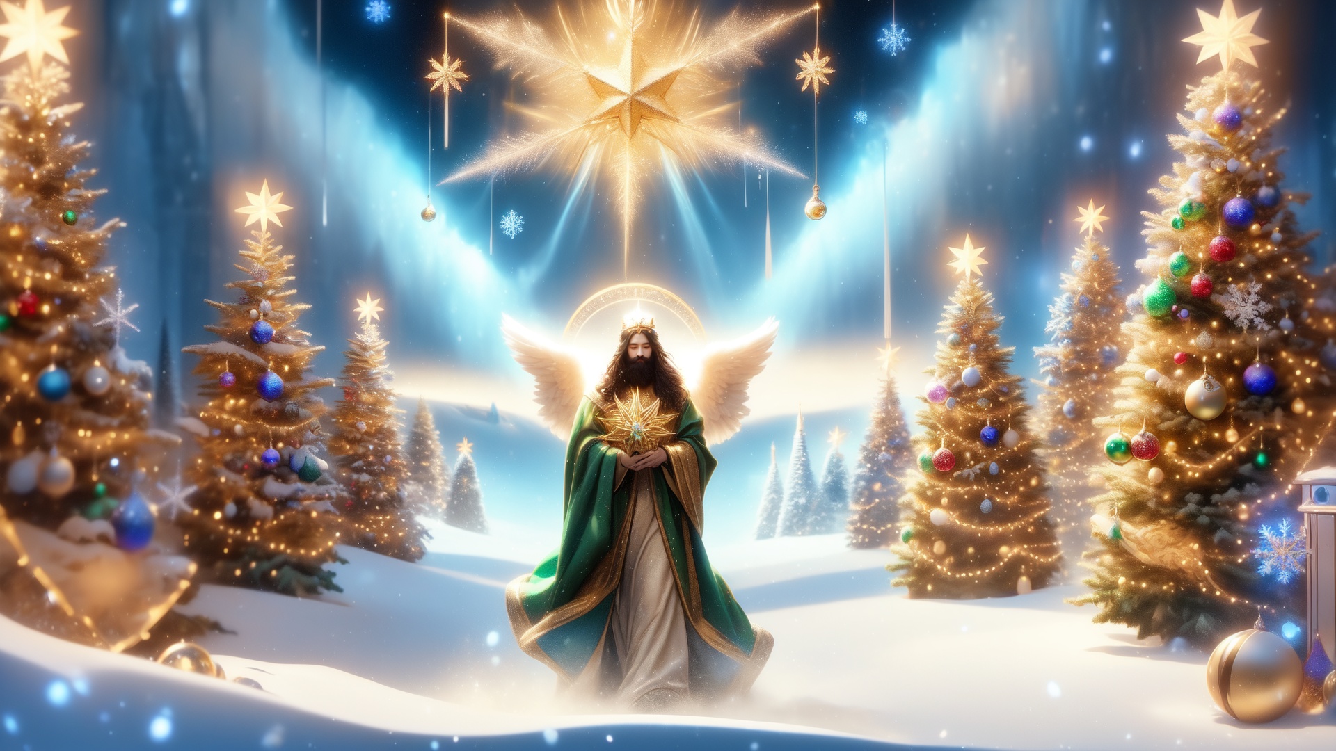 A surreal winter scene with snowflakes softly falling from the sky,  encircled by Christmas trees each topped with a golde...