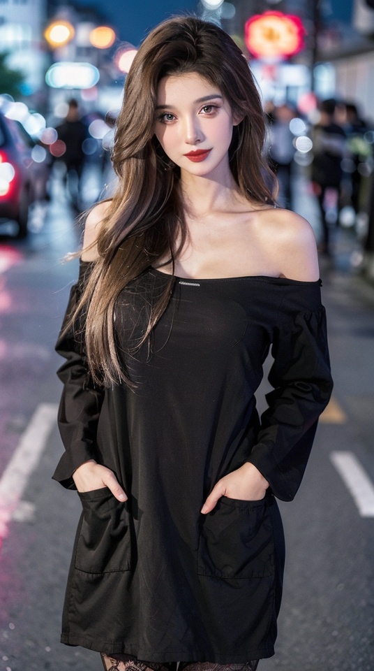  (nsfw:1.2),a woman standing on the side of a road at night,off shoulder,lace-trimmed dress,long hair,seductive smile,looking at viewer,ground vehicle,night,hands in pockets,blurry background,black hair,bokeh,brown hair,outdoors,red lips,, depth of field