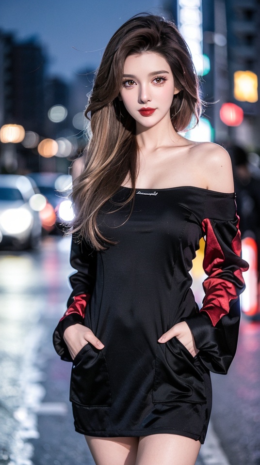  (nsfw:1.2),a woman standing on the side of a road at night,off shoulder,lace-trimmed dress,long hair,seductive smile,looking at viewer,ground vehicle,night,hands in pockets,blurry background,black hair,bokeh,brown hair,outdoors,red lips,,