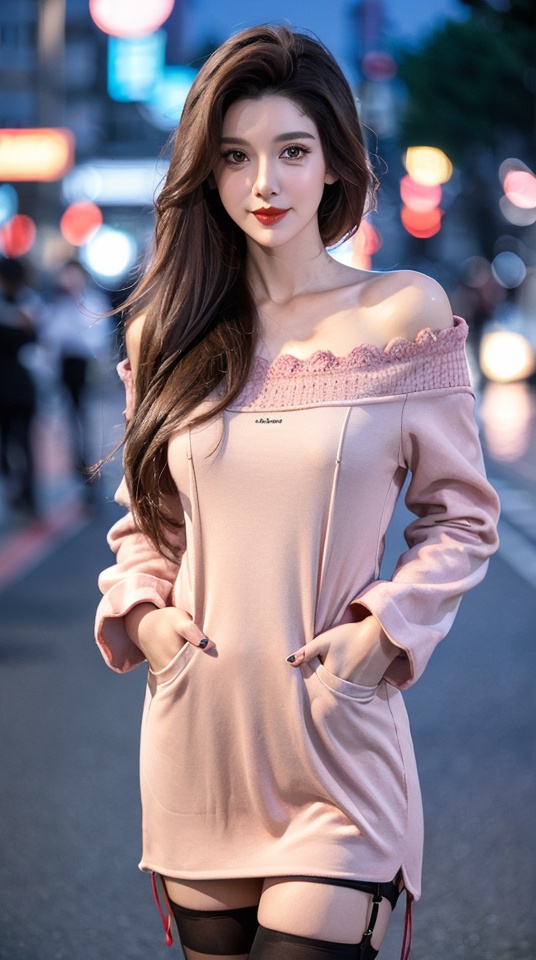  (nsfw:1.2),a woman standing on the side of a road at night,off shoulder,lace-trimmed dress,long hair,seductive smile,looking at viewer,ground vehicle,night,hands in pockets,blurry background,black hair,bokeh,brown hair,outdoors,red lips,,
