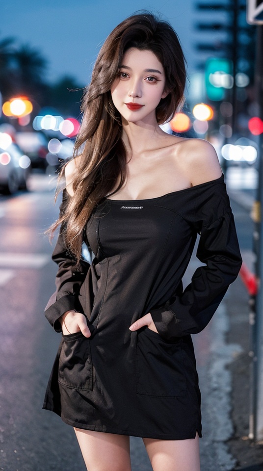  (nsfw:1.2),a woman standing on the side of a road at night,off shoulder,lace-trimmed dress,long hair,seductive smile,looking at viewer,ground vehicle,night,hands in pockets,blurry background,black hair,bokeh,brown hair,outdoors,red lips,, depth of field