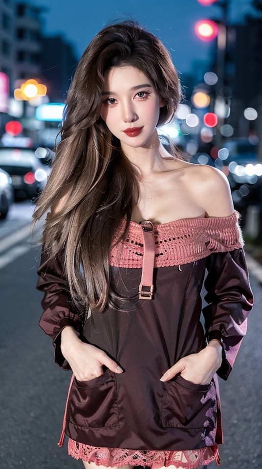  (nsfw:1.2),a woman standing on the side of a road at night,off shoulder,lace-trimmed dress,long hair,seductive smile,looking at viewer,ground vehicle,night,hands in pockets,blurry background,black hair,bokeh,brown hair,outdoors,red lips,, depth of field