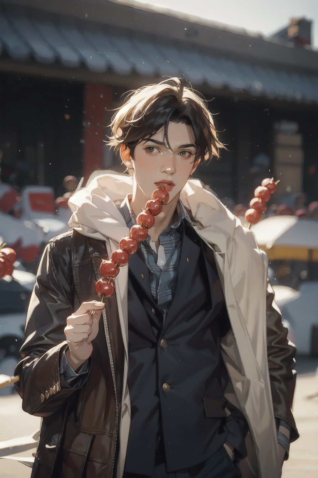  absurdres,incredibly absurdres,reality,realistic,,(solo:1.2),1boy,full_shot, sugarcoated haws on a stick