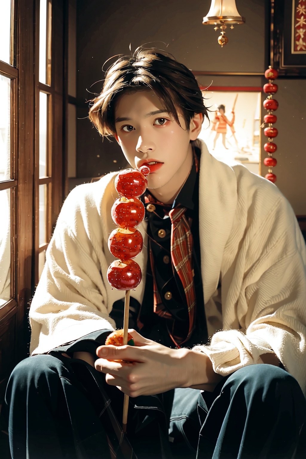  absurdres,incredibly absurdres,reality,realistic,,(solo:1.2),1boy,full_shot, sugarcoated haws on a stick