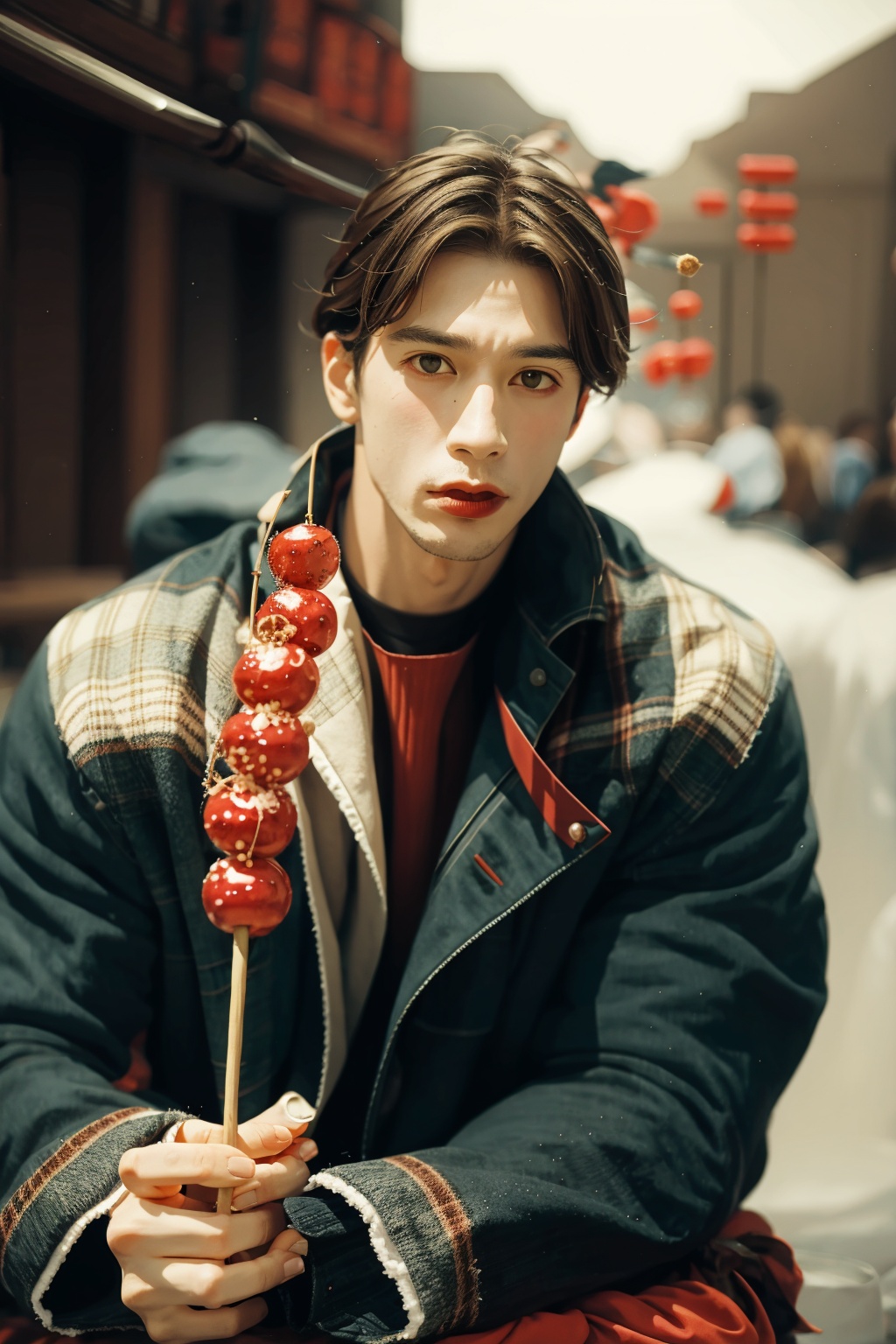  absurdres,incredibly absurdres,reality,realistic,,(solo:1.2),1boy,full_shot, sugarcoated haws on a stick