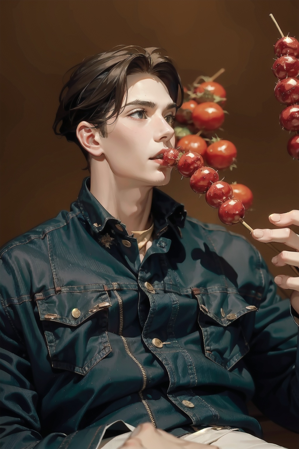  absurdres,incredibly absurdres,reality,realistic,,(solo:1.2),1boy,full_shot, sugarcoated haws on a stick