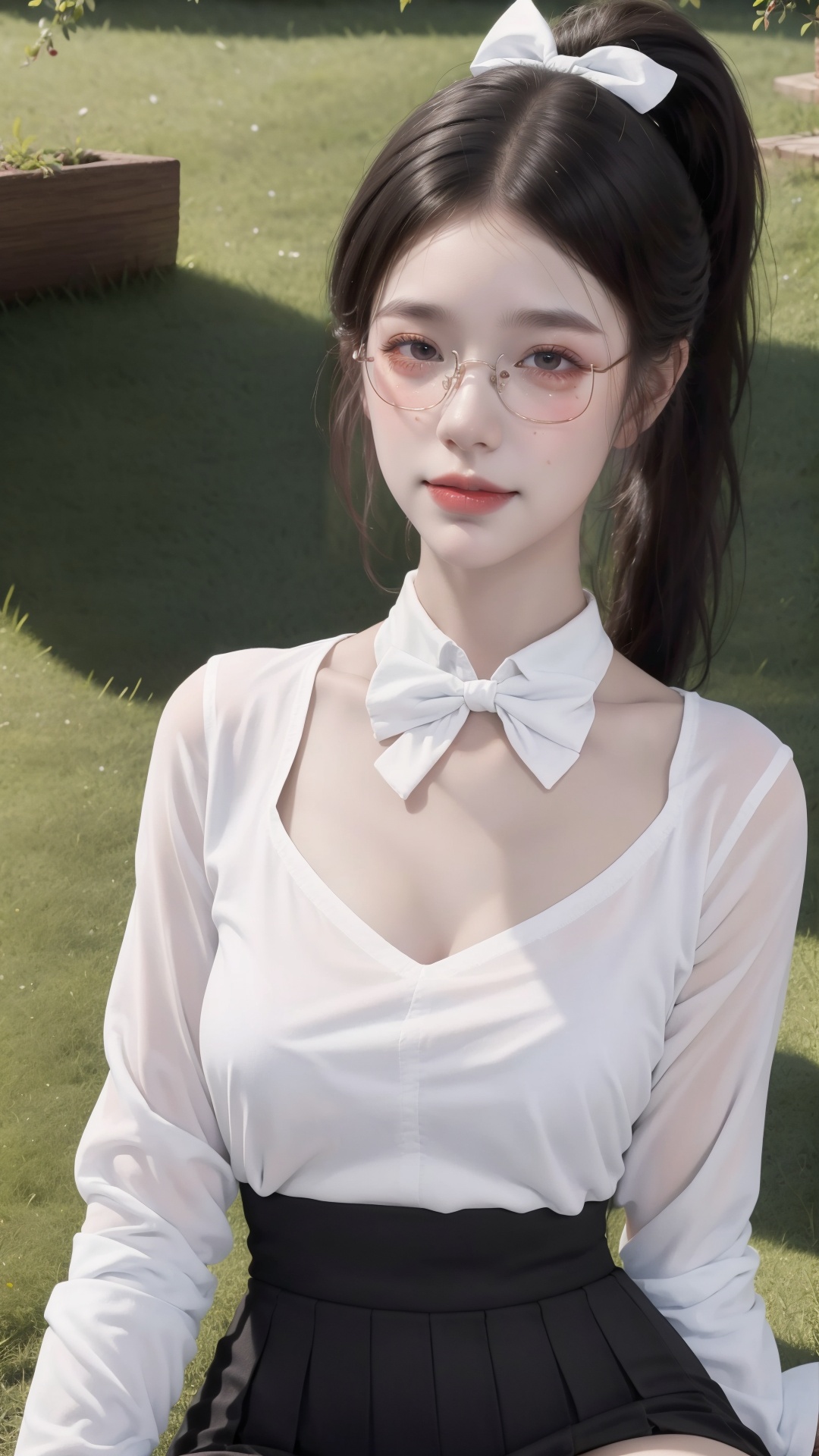  A girl, half-length, exposed thighs, high ponytail hairstyle, long hair, wearing a white shirt, bow tie, black high-waisted pleated skirt, exposed thighs, exquisite facial features, big eyes, exquisite eye makeup,, tears, smiles, and looks at the audience.
( Best Quality: 1.2 ), ( Ultra HD: 1.2 ), ( Ultra-High Resolution: 1.2 ), ( CG Rendering: 1.2 ), Wallpaper, Masterpiece, ( 36K HD: 1.2 ), ( Extra Detail: 1.1 ), Ultra Realistic, ( Detail Realistic Skin Texture: 1.2 ), ( White Skin: 1.2 ), Focus, Realistic Art, white shirt, liuguang, white shirt_eyeglasses