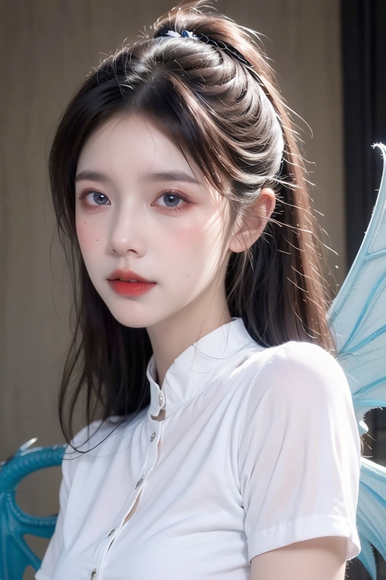  ((best quality)), ((masterpiece)), ((ultra-detailed)), extremely detailed CG, (illustration), ((detailed light)), (an extremely delicate and beautiful), a girl, solo, ((upper body,)), ((cute face)), expressionless, (beautiful detailed eyes), blue dragon eyes, (Vertical pupil:1.2), white hair, shiny hair, colored inner hair, (Dragonwings:1.4), [Armor_dress], blue wings, blue_hair ornament, ice adorns hair, [dragon horn], depth of field, [ice crystal], (snowflake), [loli], [[[[[Jokul]]]]], white shirt, liuguang