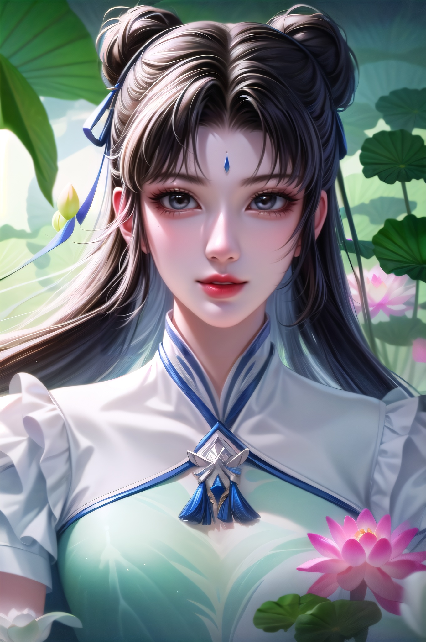 yuanshen, 1girl, lotus, water, lily pad, solo, moon, upper body, dress, jewelry, bracelet, hair bun, black hair, chinese clothes, double bun, flower, blue dress, long hair, night, brown hair, ribbon, partially submerged, nice hands,  perfect balance, looking at viewer, closed mouth, (Light_Smile:0.3), official art, extremely detailed CG unity 8k wallpaper, perfect lighting, Colorful, Bright_Front_face_Lighting, White skin, (masterpiece:1), (best_quality:1), ultra high res, 4K, ultra-detailed, photography, 8K, HDR, highres, absurdres:1.2, Kodak portra 400, film grain, blurry background, bokeh:1.2, lens flare, (vibrant_color:1.2), professional photograph, (narrow_waist),