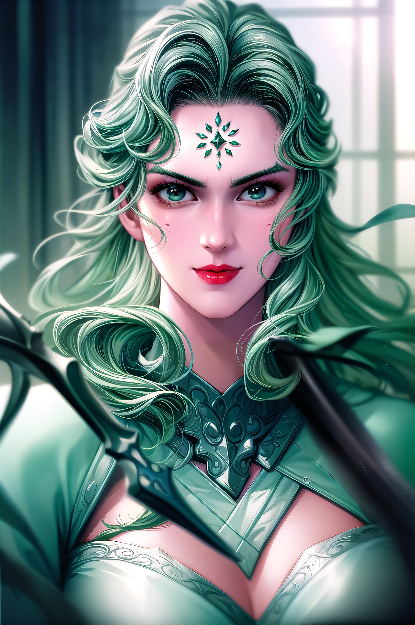 yuanshen, 1girl, green hair, weapon, solo, makeup, lipstick, facial mark, sword, long hair, green eyes, gloves, green lips, forehead mark, nice hands,  perfect balance, looking at viewer, closed mouth, (Light_Smile:0.3), official art, extremely detailed CG unity 8k wallpaper, perfect lighting, Colorful, Bright_Front_face_Lighting, White skin, (masterpiece:1), (best_quality:1), ultra high res, 4K, ultra-detailed, photography, 8K, HDR, highres, absurdres:1.2, Kodak portra 400, film grain, blurry background, bokeh:1.2, lens flare, (vibrant_color:1.2), professional photograph, (narrow_waist),