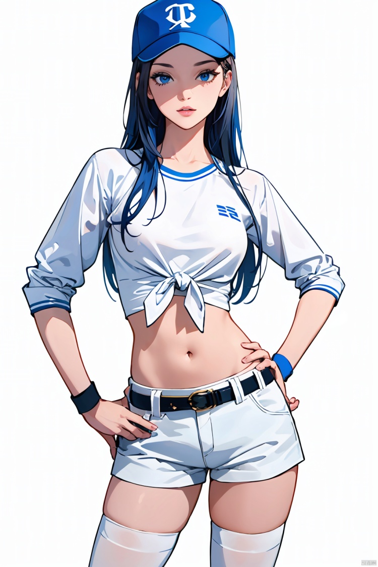  (best quality), ((masterpiece)), (highres), illustration, original, extremely detailed,1girl, solo, hat, shorts, blue eyes, blue hair, whistle, thighhighs, wristband, baseball cap, navel, long hair, midriff, short shorts, belt, shirt, hand on hip, lips, white shorts, white background, blue thighhighs, looking at viewer, tied shirt, simple background, bsx
