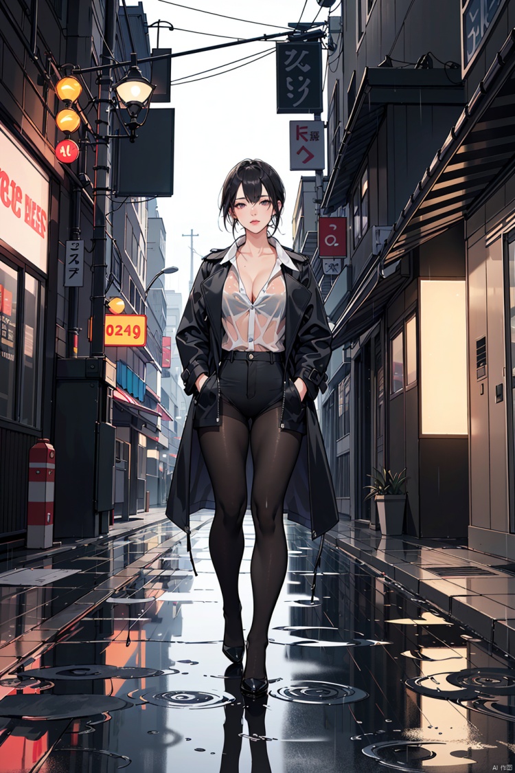  (UHQ, 8k resolution), creates seductive images of sexy women in rain-soaked urban environments.In the photo, she is standing under dim streetlights in a deserted alley in the pouring rain.She wore a see-through black lace bodysuit with her hands in her pockets, outlining her curves, leaving her trench coat unbuttoned and her raincoat flapping in the wind.Her long, wet hair hung down her back, shining in the dim light.The road was smooth, and the puddles reflected the neon lights overhead, casting an ethereal glow around her... ((poakl)).